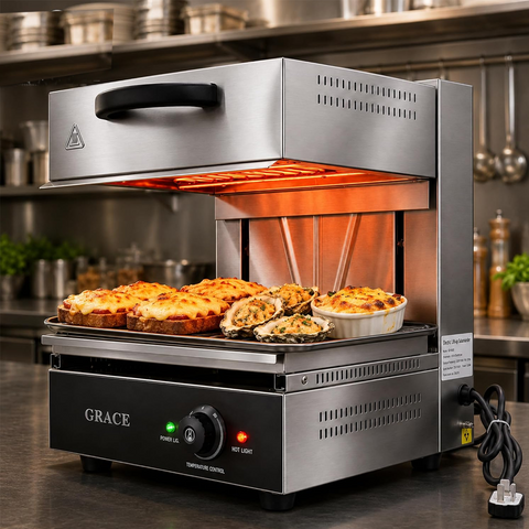 Olmecs Commercial Electric Salamander Grill 2.8KW Countertop Stainless Steel Broiler | Adjustable Upper Heating Element