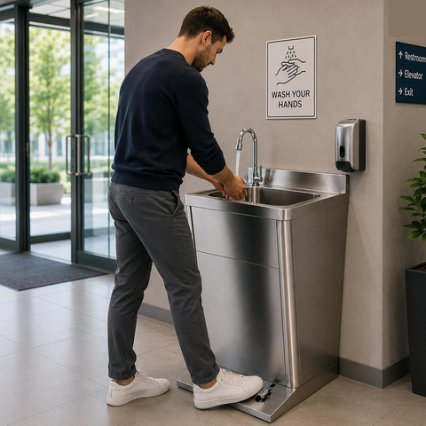 Olmecs Foot Operated Stainless Steel Handwash Sink Handsfree Wallmounted with Faucet (50x45x85cm)