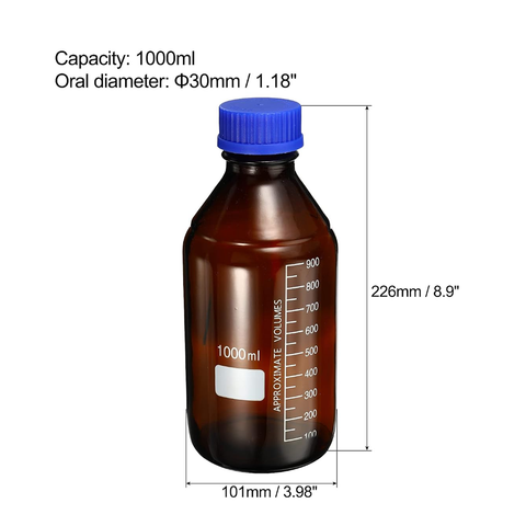 Willow 1000mL Reagent Media Bottle, 6Pcs Round Graduated Glass Storage Bottle Blue Screw Cap for Chemistry Lab