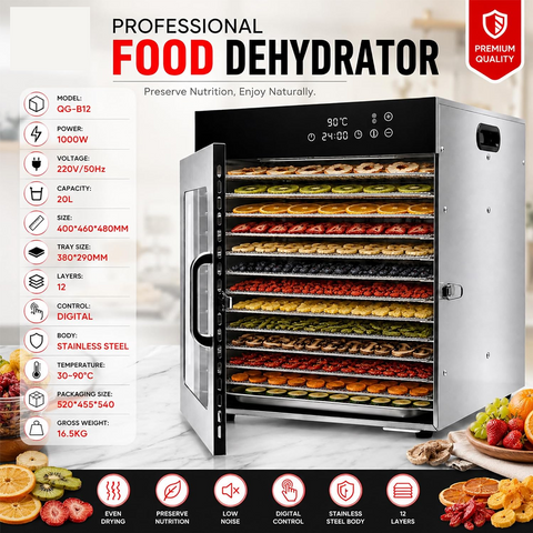 Olmecs Commercial Food Dehydrator Machine 12 Tray 1000W Digital Adjustable Timer And Temperature Control