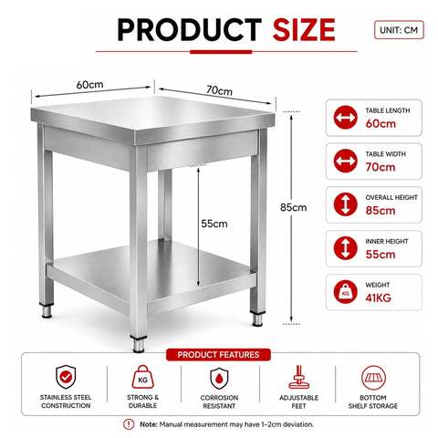 Olmecs Stainless Steel Table for Prep & Work Commercial Heavy Duty Table with Undershelf for Restaurant  (60x70x85 Cm)