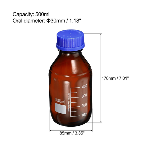 Willow 500mL Reagent Media Bottle, 6Pcs Round Graduated Glass Storage Bottle Blue Screw Cap for Chemistry Lab