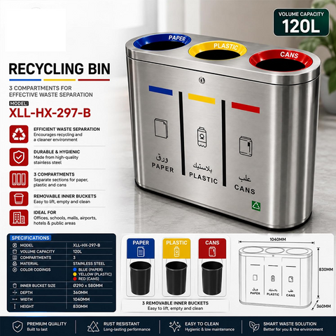 Olmecs Commercial 120L Stainless Steel 3-Compartment Recycling Bin
