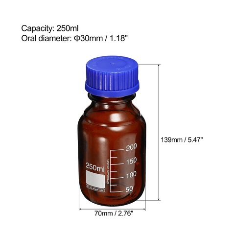 Willow 250mL Reagent Media Bottle, 6Pcs Round Graduated Glass Storage Bottle Blue Screw Cap for Chemistry Lab