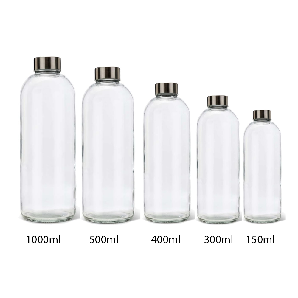 Willow Glass Drinking Bottles for Beverage and Juice with stainless Steel Caps & Leak-Proof Lid 500 ml (24Pc/Ctn)