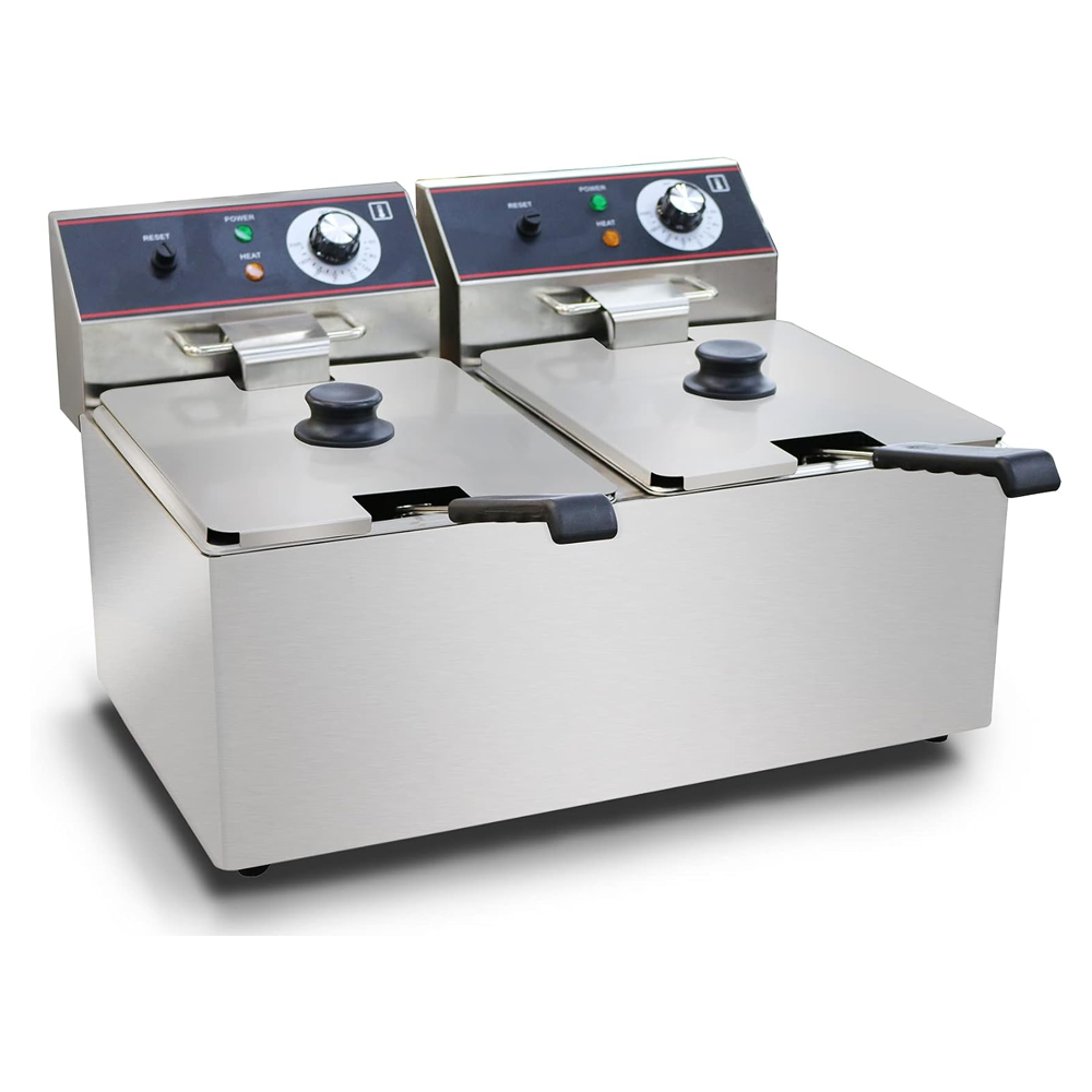 Olmecs Commercial Counter-top Electric Double Fryer 8L+8L Stainless Steel 2 Tank Deep Fryer with Cover 6.5kw