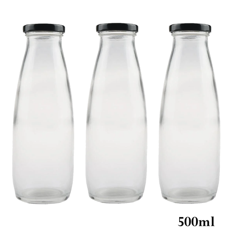 Milk, Juice Glass Bottle with Black Cap 500ml - 12Pc Pack