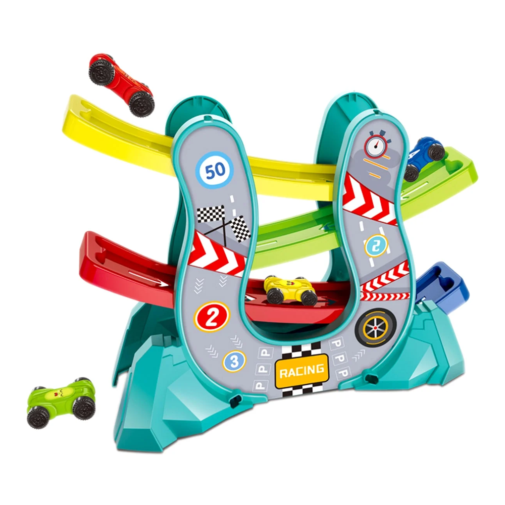 4-layers Race Track Toy for Toddler with 4pcs Cars U-shaped Car Slide Track Toy Hand-eye Coordination Training