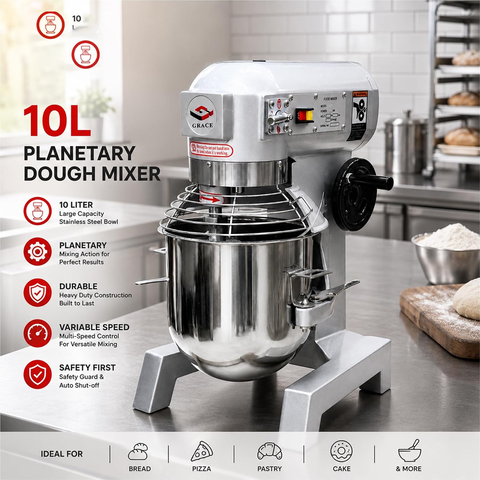 Olmecs Commercial Dough Mixer Food Cake Bread Hook Beater Whip Commercial Planetary Mixer Stand 3 Speed 3 in 1 Electric Food Mixer with Spiral Dough Hook (10 Liters)