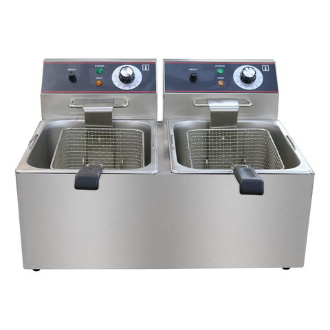 Olmecs Commercial Counter-top Electric Double Fryer 8L+8L Stainless Steel 2 Tank Deep Fryer with Cover 6.5kw