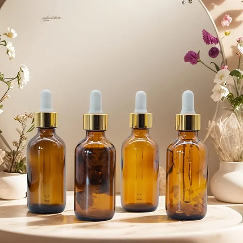 Willow 30/ 50/ 100 ml Amber Round Empty Glass Bottle + Glass Dropper + Gold Ring + Black Silicone Teat (12pc Pack)