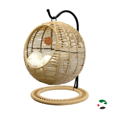 Wicker Cat Bed Indoors & Outdoors, Hand Made Cat Swing Bed with Removable Cushion