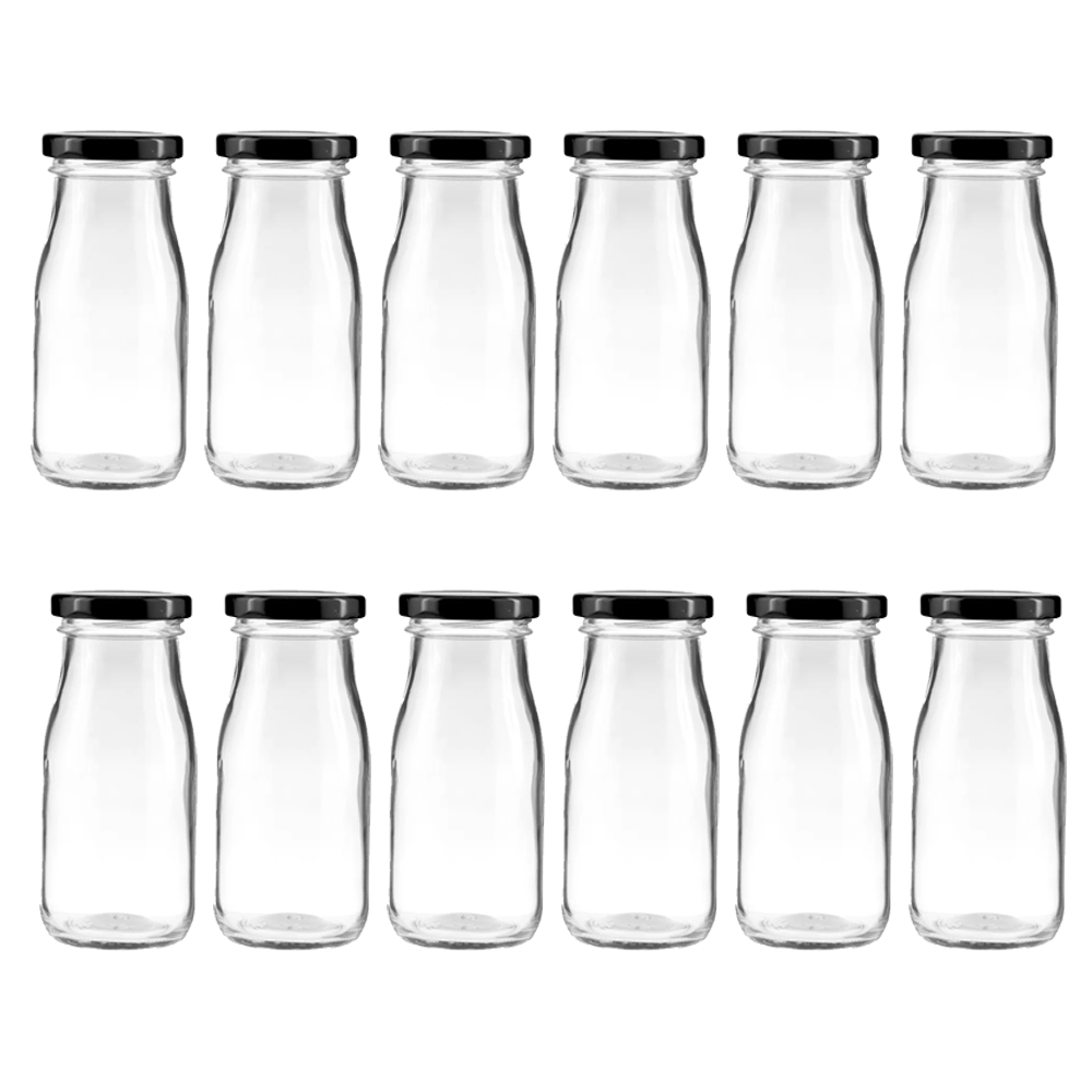 Willow Mini Glass Milk Bottles with Gold/Black lids 60Pcs Pack 200ml