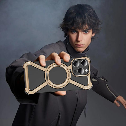 Njoyny Starring Series Magnetic Metal Phone Case for iPhone 16 15 14 13 Pro Max Z Shape Bumper 360° Rotation Holder Protective Cover