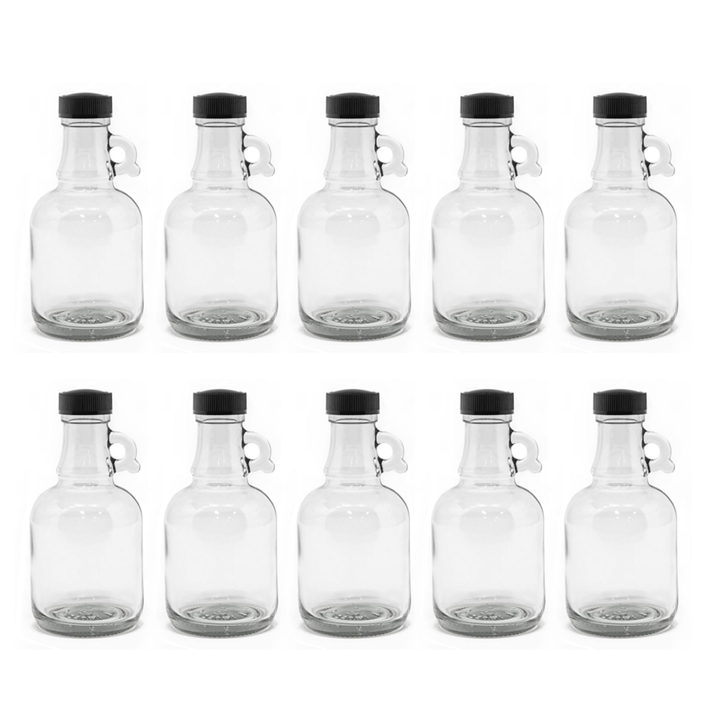 Willow 250ml Glass Syrup Bottles with Loop Handle & Black Plastic Lids - Case of 24