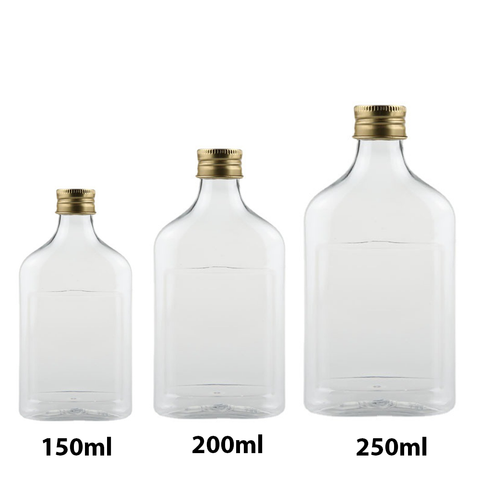 Willow 200ml Food Grade Clear PET Plastic Flat Beverage Bottle With Gold Screw Cap (360Pc / Ctn)