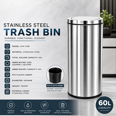 Olmecs 60L Flip-Top Waste Bin With Swing Lid and PVC Inner Bucket, Garbage Bin, Trashcan, Waste Container, Steel Dustbin
