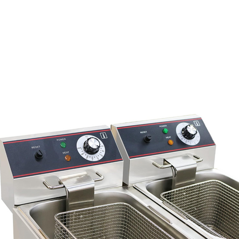 Olmecs Commercial Counter-top Electric Double Fryer 8L+8L Stainless Steel 2 Tank Deep Fryer with Cover 6.5kw