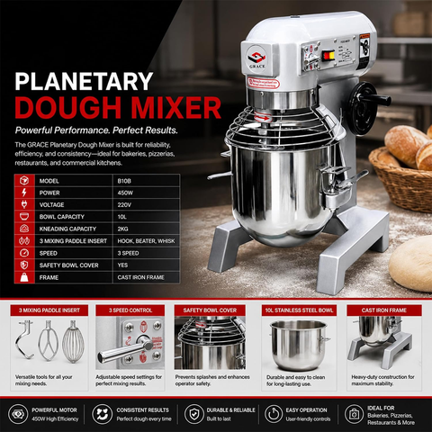 Olmecs Commercial Dough Mixer Food Cake Bread Hook Beater Whip Commercial Planetary Mixer Stand 3 Speed 3 in 1 Electric Food Mixer with Spiral Dough Hook (10 Liters)