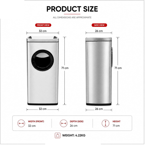 Olmecs Commercial Stainless Steel Ashtray Trash Bin 15L Freestanding