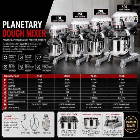 Olmecs Commercial Dough Mixer Food Cake Bread Hook Beater Whip Commercial Planetary Mixer Stand 3 Speed 3 in 1 Electric Food Mixer with Spiral Dough Hook (10 Liters)