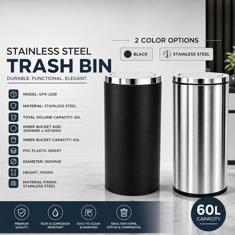 Olmecs 60L Flip-Top Waste Bin With Swing Lid and PVC Inner Bucket, Garbage Bin, Trashcan, Waste Container, Steel Dustbin