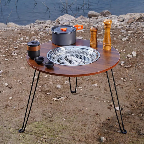 Olmecs Portable Folding Fire Pit Table with Cooking Pan Charcoal BBQ Grill Stove