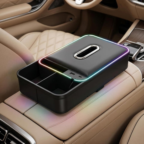 8-in-1 Car Armrest Storage Box with LED Light, Dual USB Charging Ports