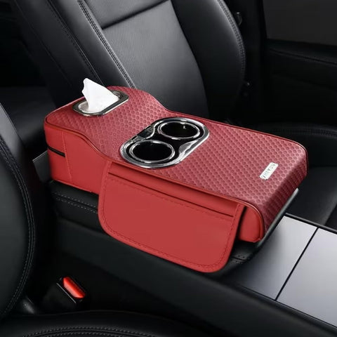 Car Armrest Heightening Pad with Cup Holder & Tissue Box – PU Leather Center Console Organizer