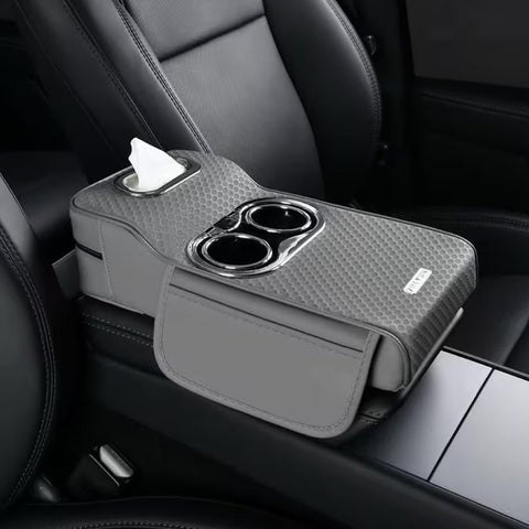 Car Armrest Heightening Pad with Cup Holder & Tissue Box – PU Leather Center Console Organizer