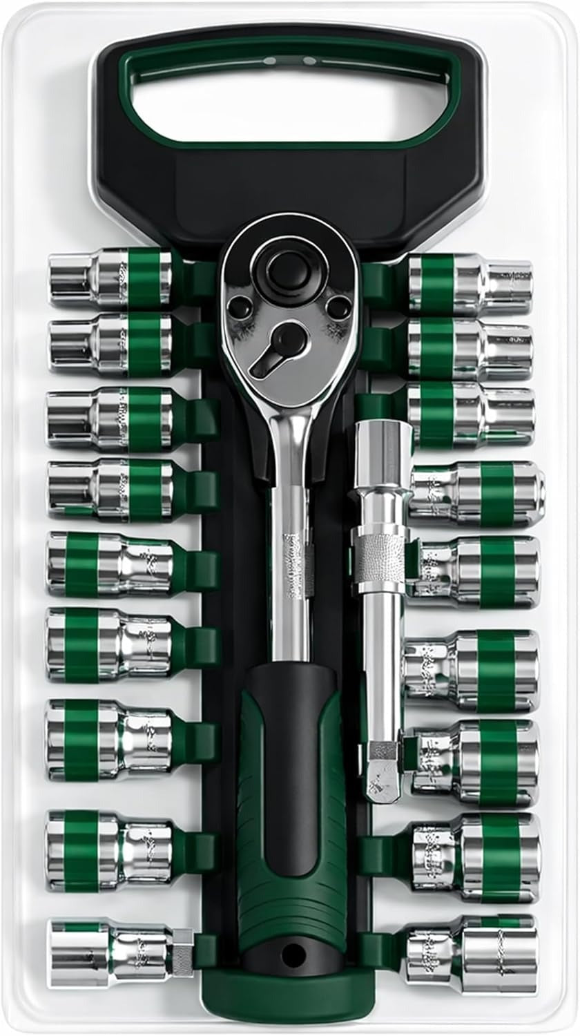 Socket Wrench Set with Ratchet Handle – Steel Socket Tool Kit with Extension Bars, Universal Joint & Metal Storage Case (20Pcs)