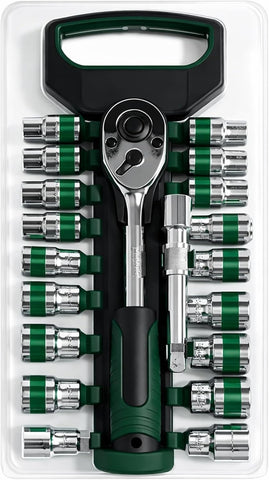 Socket Wrench Set with Ratchet Handle – Steel Socket Tool Kit with Extension Bars, Universal Joint & Metal Storage Case (20Pcs)