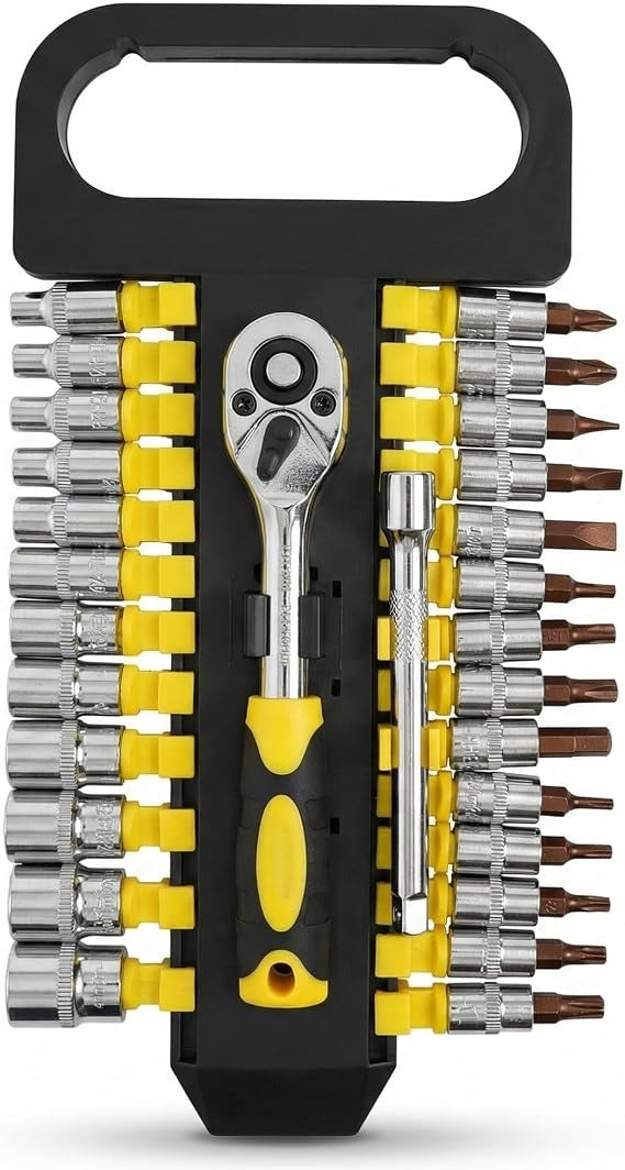 28Pcs Socket Wrench Set with Ratchet Handle – Steel Socket Tool Kit with Extension Bars, Universal Joint & Metal Storage Case