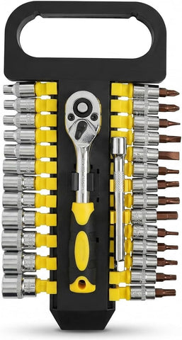 28Pcs Socket Wrench Set with Ratchet Handle – Steel Socket Tool Kit with Extension Bars, Universal Joint & Metal Storage Case