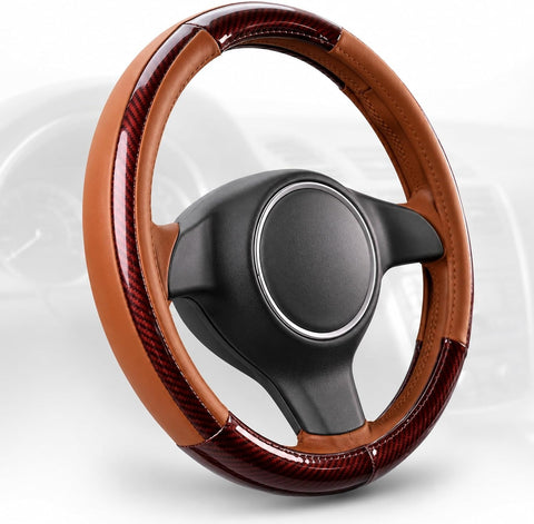 Luxury Wood Grain & Leather Steering Wheel Cover 15 Inch (37–38 cm) – Universal Fit
