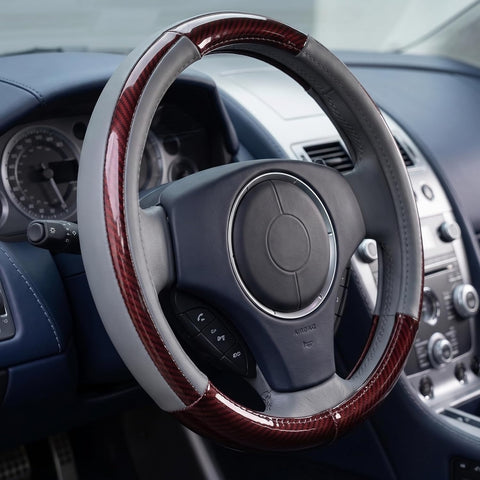 Luxury Wood Grain & Leather Steering Wheel Cover 15 Inch (37–38 cm) – Universal Fit