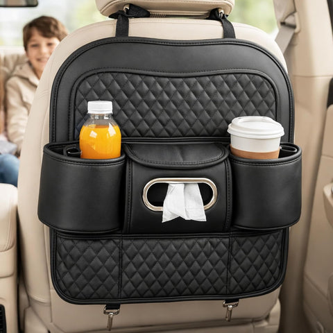 Car Back Seat Organizer with Tissue Box Holder & Cup Holders – PU Leather