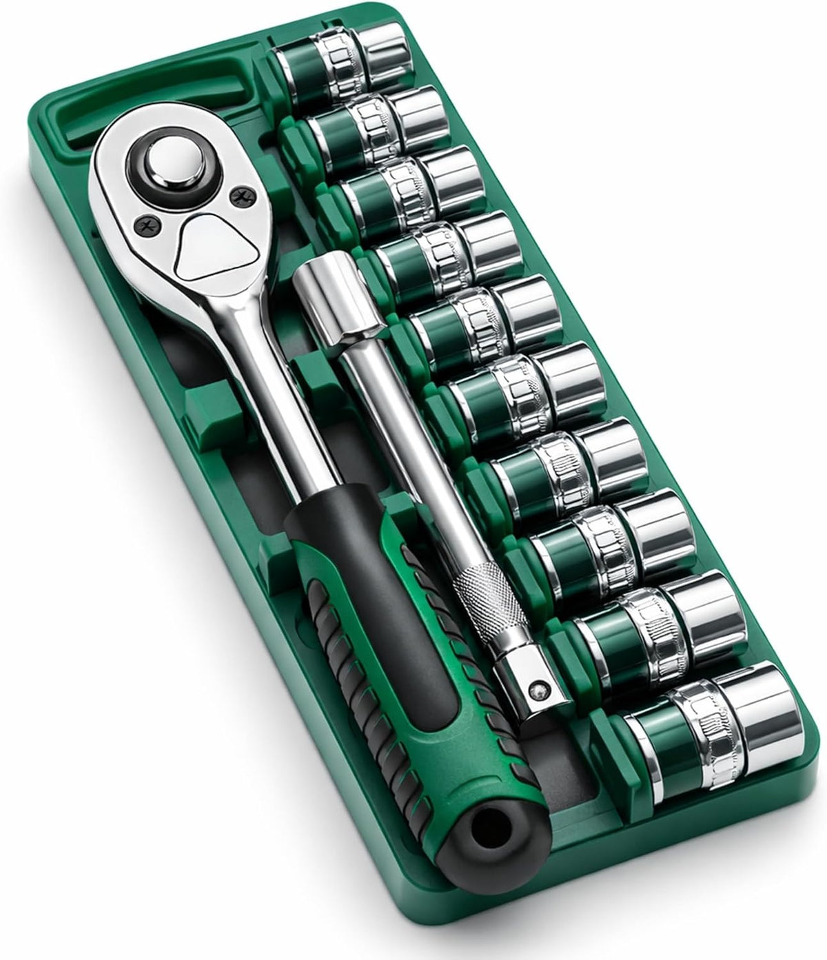 12Pcs Socket Wrench Set with Ratchet Handle – Steel Socket Tool Kit with Extension Bars, Universal Joint & Metal Storage Case (Grey1)