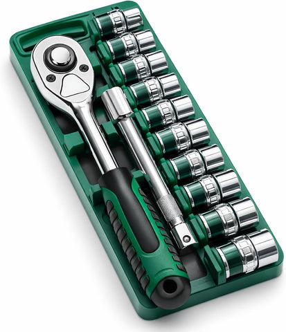 12Pcs Socket Wrench Set with Ratchet Handle – Steel Socket Tool Kit with Extension Bars, Universal Joint & Metal Storage Case (Grey1)