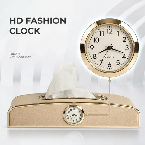 Car Tissue Box Holder with Clock – PU Leather Dashboard Tissue Dispenser