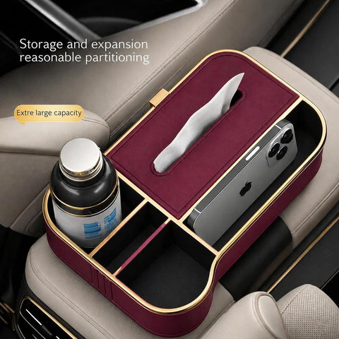 Car Armrest Box Storage Booster Pad – Multifunctional Console Organizer with Cup Holder, Tissue Box & Phone Slot |