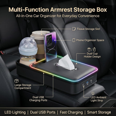 8-in-1 Car Armrest Storage Box with LED Light, Dual USB Charging Ports