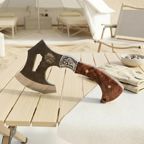 Compact Hand Axe with Wooden Handle – Camping Hatchet Chopping Axe with Leather Sheath for Wood Splitting, Survival Tactical Axe, Outdoor Bushcraft (Hunter Grip Axe)
