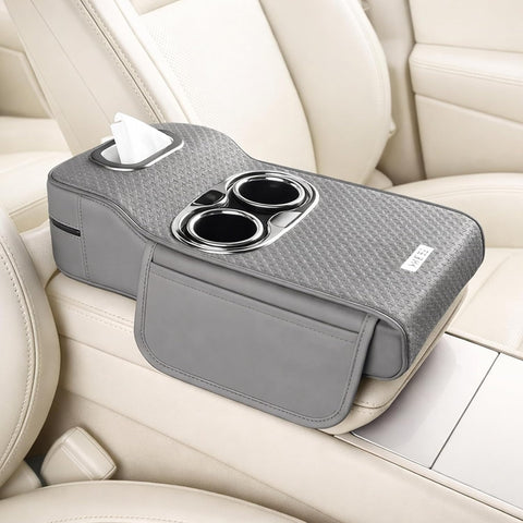 Car Armrest Heightening Pad with Cup Holder & Tissue Box – PU Leather Center Console Organizer