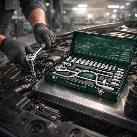 24Pcs Socket Wrench Set with Ratchet Handle – Steel Socket Tool Kit with Extension Bars, Universal Joint & Metal Storage Case