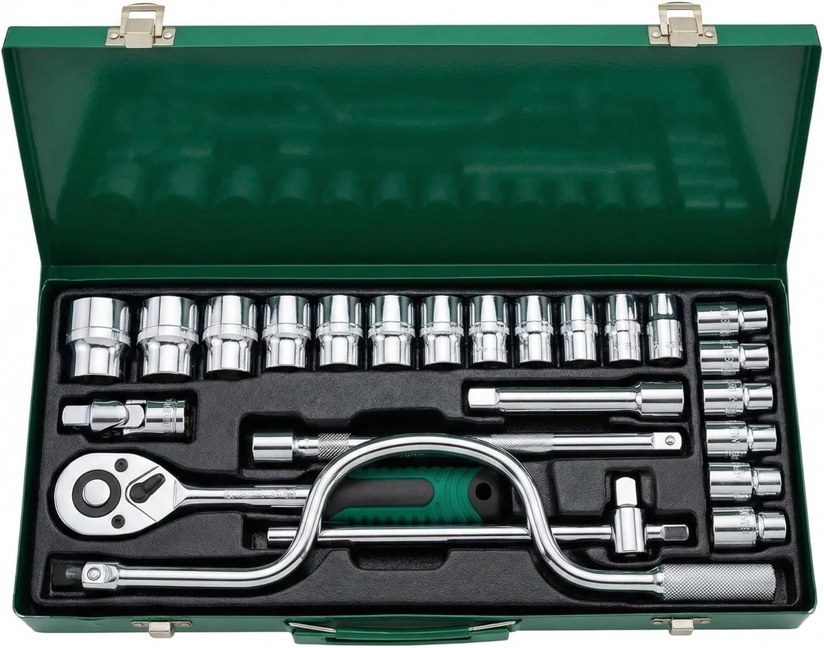 24Pcs Socket Wrench Set with Ratchet Handle – Steel Socket Tool Kit with Extension Bars, Universal Joint & Metal Storage Case