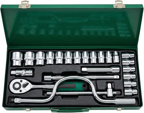 24Pcs Socket Wrench Set with Ratchet Handle – Steel Socket Tool Kit with Extension Bars, Universal Joint & Metal Storage Case