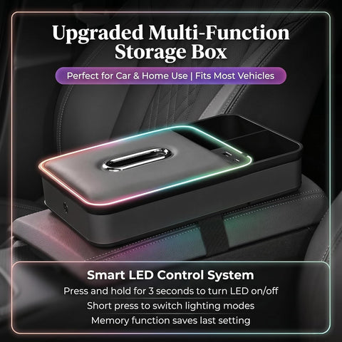 8-in-1 Car Armrest Storage Box with LED Light, Dual USB Charging Ports