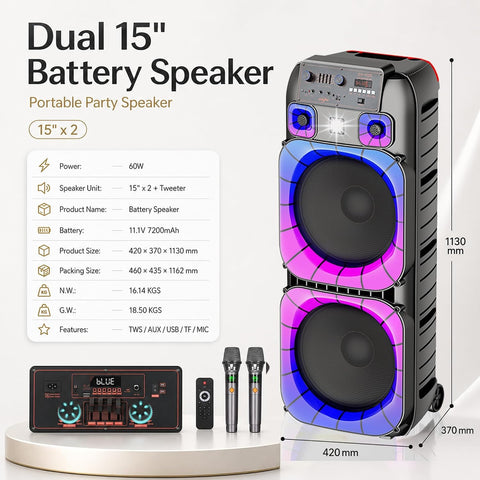 Portable Bluetooth Karaoke Speaker with Wireless Microphone & Remote – Rechargeable Party Speaker with RGB LED Lights (Speaker4)