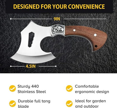 Compact Hand Axe with Wooden Handle – Camping Hatchet Chopping Axe with Leather Sheath for Wood Splitting, Survival Tactical Axe, Outdoor Bushcraft (Hunter Grip Axe)